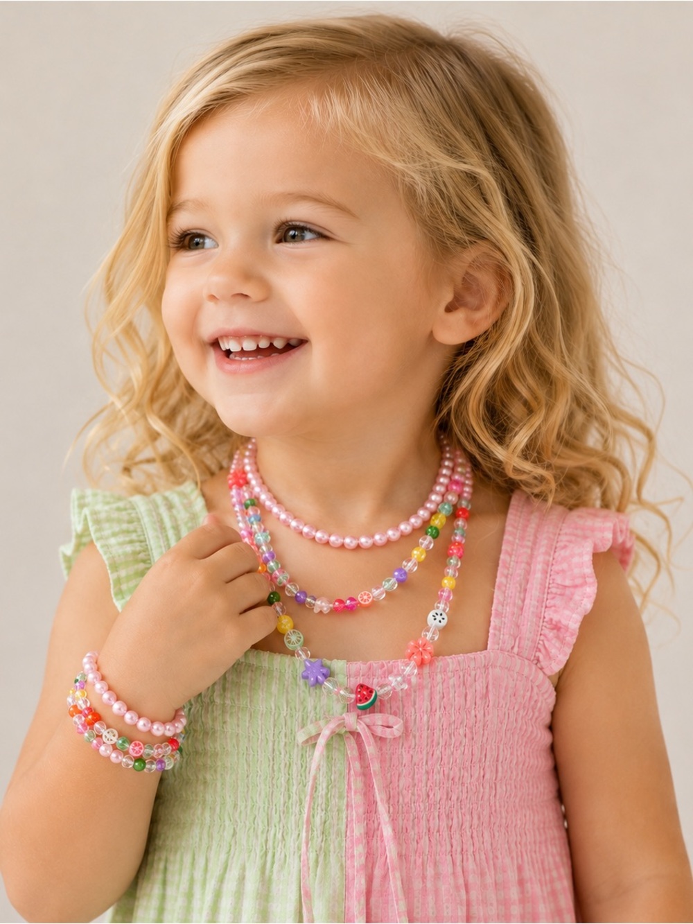 Colorful Beaded 3 Necklace & Bracelet Set Fruit Flower Star Charms NWT